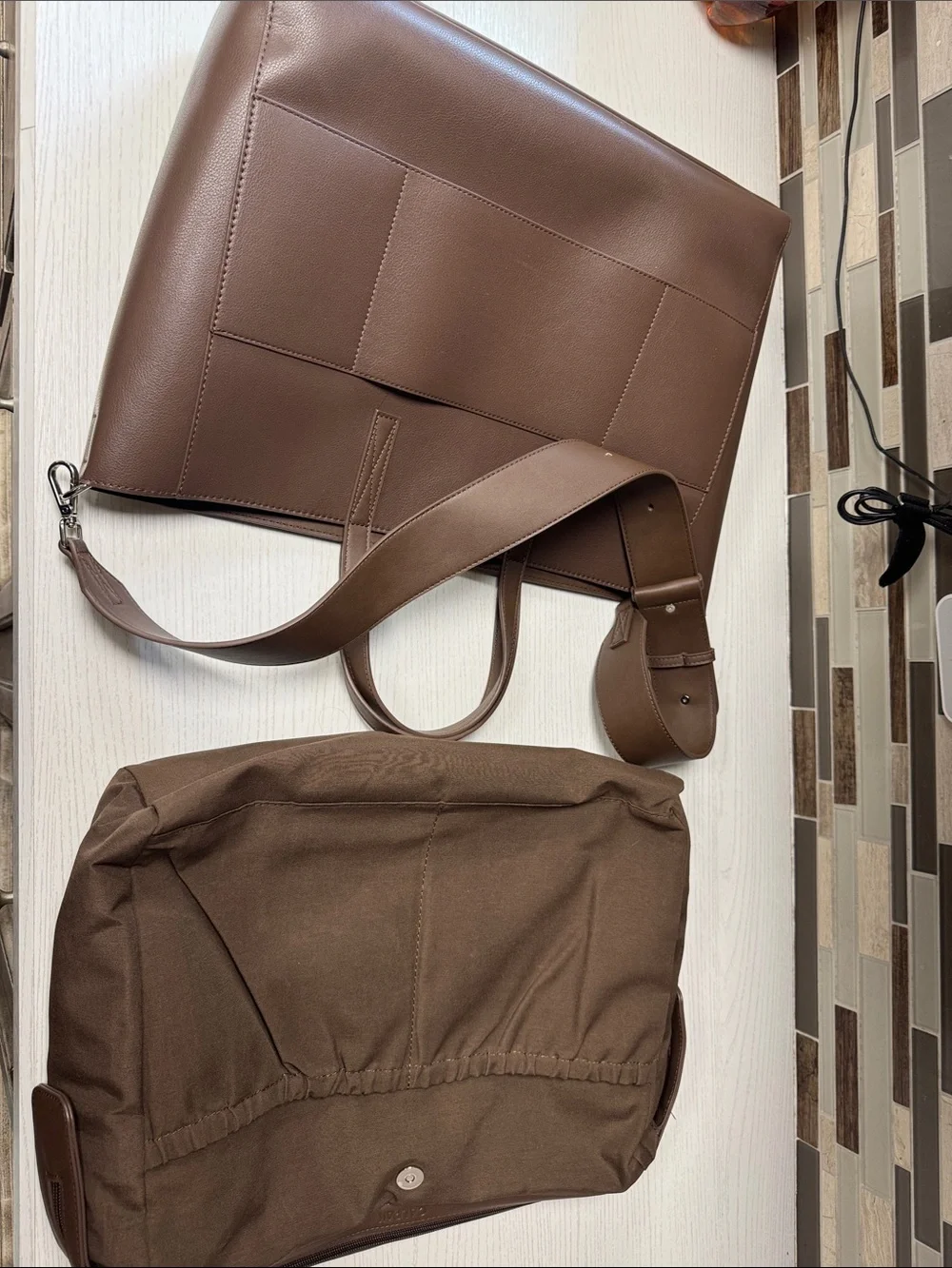 Calpak Brown Leather Laptop Tote with Shoulder Strap